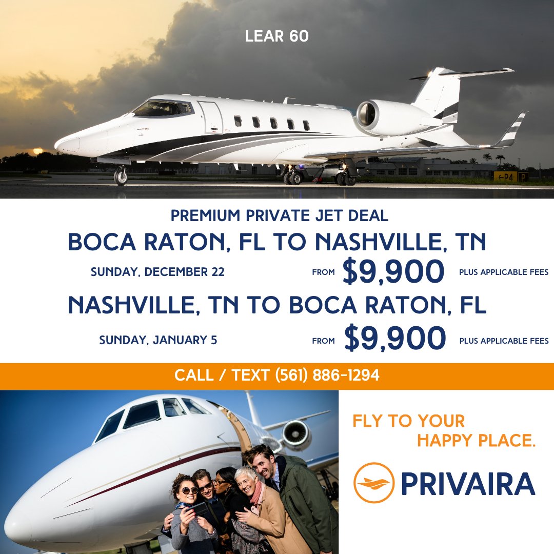 PRIVAIRA presents a Premium Private Jet Deal “Nashville” from our own fleet

Call/text us today for more information (561) 886-1294

#FlyToYourHappyPlace #FlyPRIVAIRA #Learjet #PremiumPrivateJet #Nashville #VacationGetaway #FlyPrivate #PrivateJet #LuxuryTravel #PrivateJetCharter