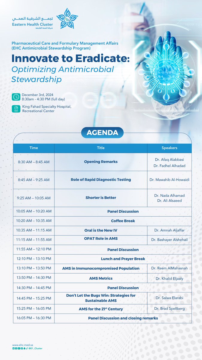Afaq Alabbasi, PharmD, BCIDP|آفاق (@alabbasiafaq) on Twitter photo Join our AMS course “Innovate to Eradicate” 🧫🦠
We are super excited to have national and international experts providing evidence-based insights and actionable strategies to optimize AMS!
<a href="/BradSpellberg/">Brad Spellberg</a> <a href="/khalideljaaly/">Antibiotic Tweets</a> <a href="/reemaziz14/">Reem Al-Mahasnah⚕</a> <a href="/NadaAlhamed95/">Nada</a> <a href="/selarabi1/">Salwa Elarabi</a> Join our AMS course “Innovate to Eradicate” 🧫🦠
We are super excited to have national and international experts providing evidence-based insights and actionable strategies to optimize AMS!
<a href="/BradSpellberg/">Brad Spellberg</a> <a href="/khalideljaaly/">Antibiotic Tweets</a> <a href="/reemaziz14/">Reem Al-Mahasnah⚕</a> <a href="/NadaAlhamed95/">Nada</a> <a href="/selarabi1/">Salwa Elarabi</a>