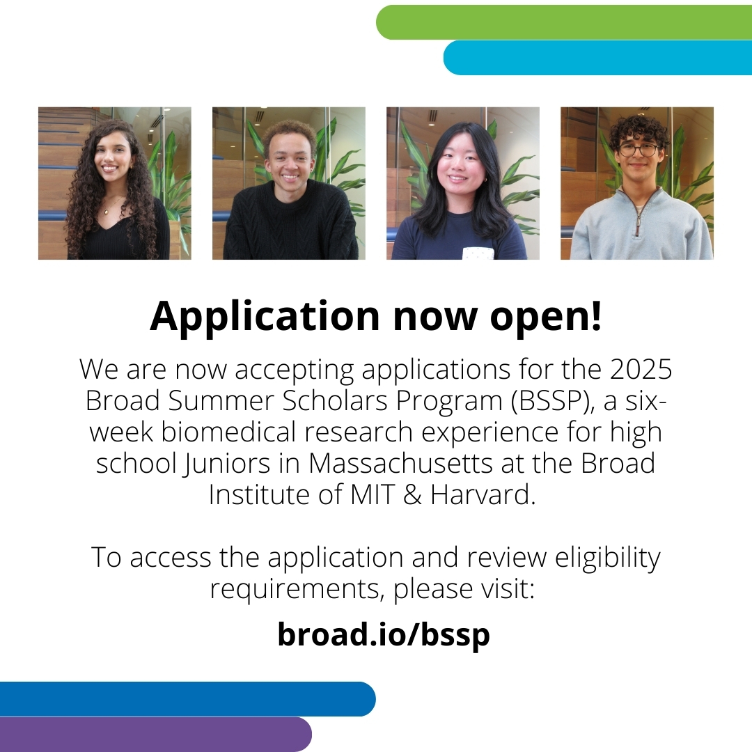 Broad Institute (@broadinstitute) on Twitter photo Applications are now open! Apply to the 2025 Broad Summer Scholars Program (BSSP) by January 22! BSSP is a 6-week summer program for highly motivated rising high school seniors with a strong interest in #science. Learn more at: broad.io/bssp #SummerPrograms Applications are now open! Apply to the 2025 Broad Summer Scholars Program (BSSP) by January 22! BSSP is a 6-week summer program for highly motivated rising high school seniors with a strong interest in #science. Learn more at: broad.io/bssp #SummerPrograms
