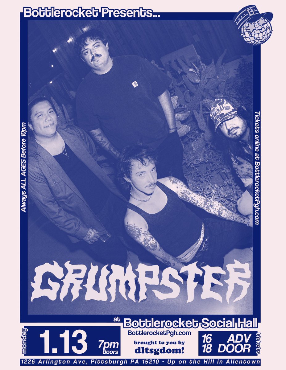 dltsgdomshows's tweet photo. NEW SHOW: @GrumpsterCa 1/13 at @BottlerocketPgh!!

TICKETS: https://t.co/lHXy7MKpoe

LISTEN: https://t.co/d2XQi2yqru https://t.co/jajnADb9x3