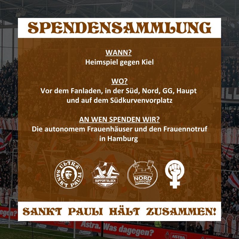 UltraFCSP2002's tweet image. Moin Sankt Pauli Fans,
anlässlich des internationalen Tag gegen Gewalt an Frauen wird es einen Aktionsspieltag beim Heimspiel gegen Kiel geben. Wir wollen uns nicht nur inhaltlich, sondern auch aktiv und praktisch daran beteiligen.
Weitere Infos unter: usp.stpaulifans.de/2024/11/spende…