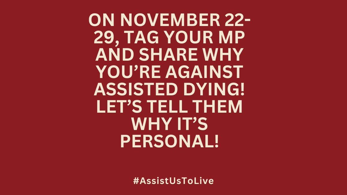 I’m supporting #assistustolive!

For more information on why disabled people oppose assisted dying:
notdeadyetuk.co.uk/faqs
For information on how to contact your MP via letter or email, including a template:
notdeadyetuk.co.uk/get-involved