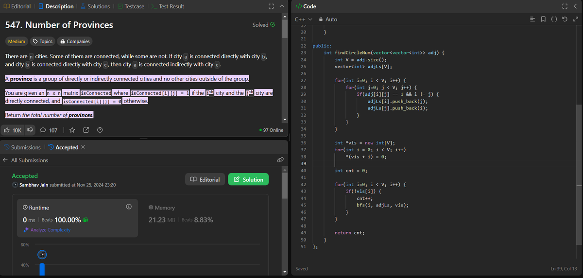 jsambhav5's tweet photo. #Day54 of #100DaysOfDSA

Topics and Learnings: #BFS, #Graphs

Problems Solved:
86. #LeetCode #547 : Number of Provinces
Approach:  Used #BreadthFirstSearch to solve this
TC: O(V + E)
SC: O(V + E) https://t.co/5QyfRNMx63