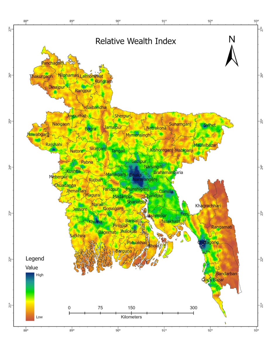 SyedRafsanAli2's tweet photo. Using Meta’s RWI dataset, I mapped the wealth distribution across Bangladesh. The map reveals that wealth is heavily concentrated in Dhaka and Chittagong, while the northern and southern regions still lag behind, highlighting the need for more balanced regional development. https://t.co/mZmsas77vg