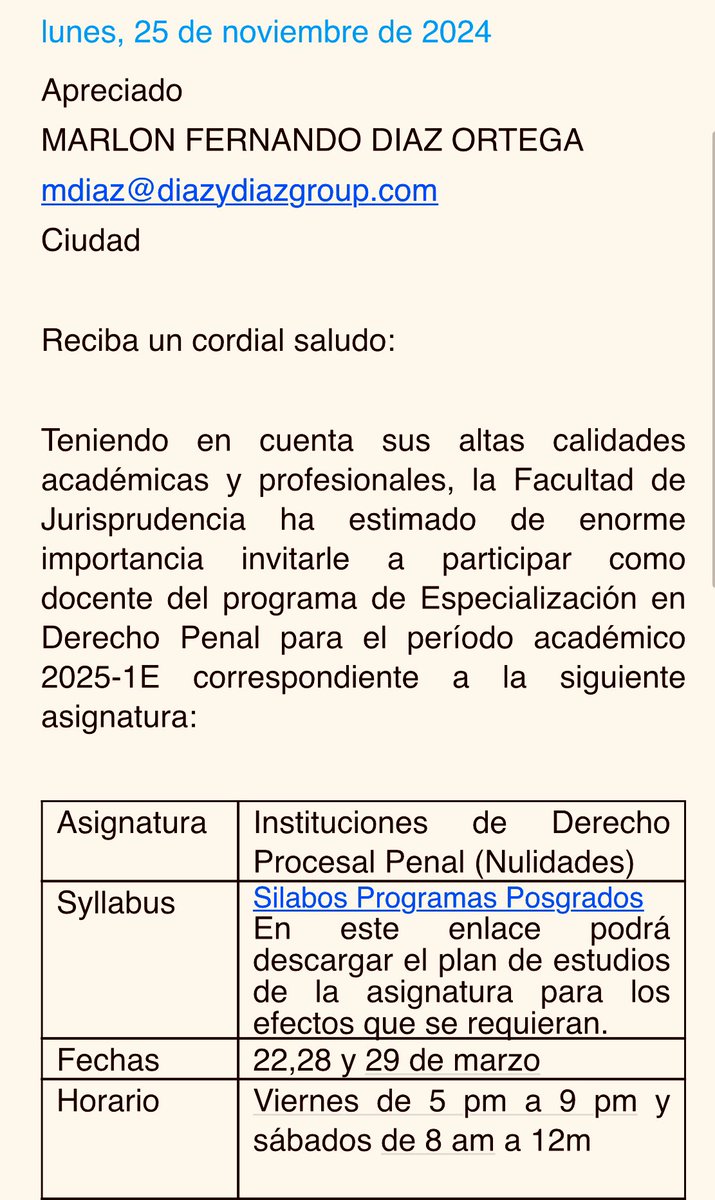 MarlonDiazAbog's tweet photo. Me honra la @URosario con la invitación a continuar como docente en los programas de Maestría y de Especialización, en Derecho Penal durante 2025, uno de los programas más vanguardista de formación profesional. Gracias a su Director @fbernate y a sus estudiantes y directivos https://t.co/SHgWAn8EjB