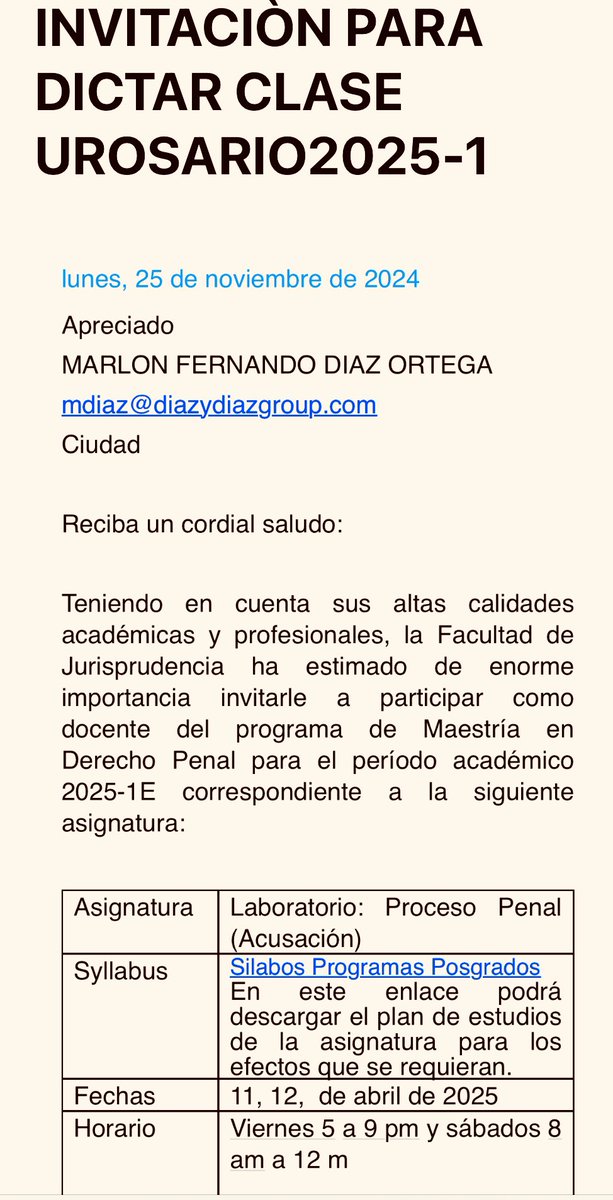 MarlonDiazAbog's tweet photo. Me honra la @URosario con la invitación a continuar como docente en los programas de Maestría y de Especialización, en Derecho Penal durante 2025, uno de los programas más vanguardista de formación profesional. Gracias a su Director @fbernate y a sus estudiantes y directivos https://t.co/SHgWAn8EjB