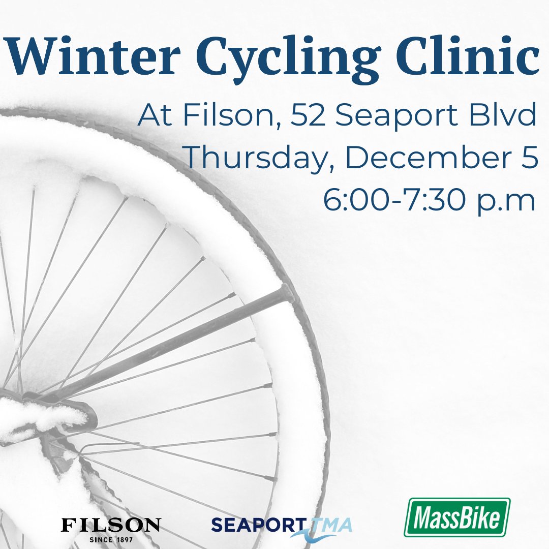 [CORRECTED LINK]

Our Winter Cycling Clinic with <a href="/MassBike/">MassBike</a> is next week! Space is limited, so don't forget to sign up: eventbrite.com/e/winter-cycli…

Giveaways galore!
🧰 Win a <a href="/filson/">Filson</a> toolbox
❄️ First 10 to arrive will get a Seaport TMA beanie
💡 Bike lights
☕️ Snacks and refreshments