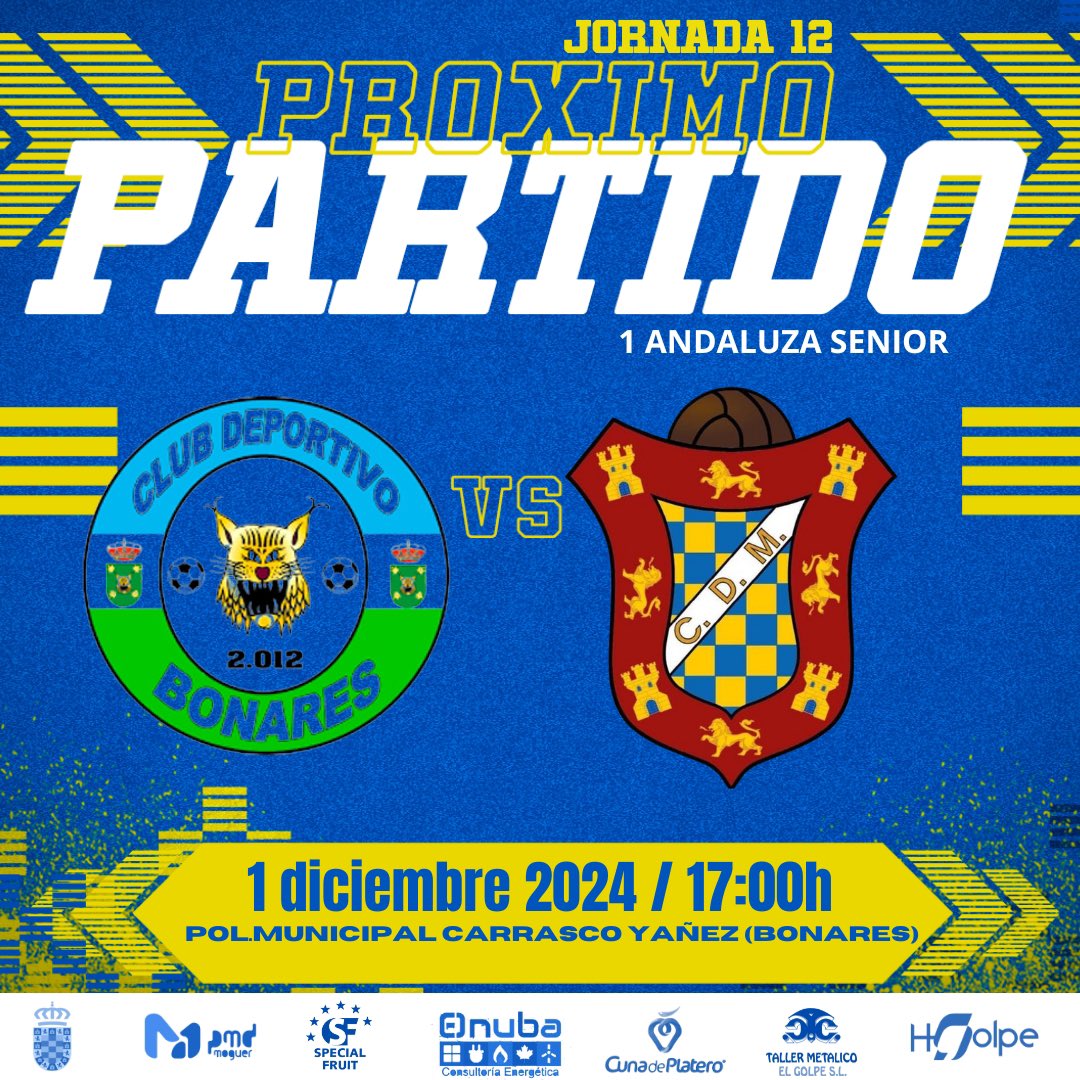 🟡PRÓXIMO 𝐏𝐀𝐑𝐓𝐈𝐃𝐎 - 11 𝐉𝐎𝐑𝐍𝐀𝐃𝐀🔵 1 ANDALUZA SENIOR  CD Bonares 🆚 𝐂𝐃 𝐌𝐨𝐠𝐮𝐞𝐫 
▶️1 diciembre, domingo 
🕠17:000h 
🏟️ Pol.Municipal Carrasco Yáñez (Bonares)
#VamosMoguer #Fútbol #VamosEquipo #PasionEntregaCoraje