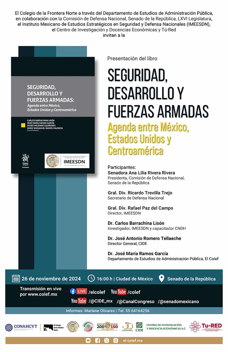 elcolef's tweet photo. #MAÑANA ➡ Presentación del libro «𝗦𝗲𝗴𝘂𝗿𝗶𝗱𝗮𝗱, 𝗱𝗲𝘀𝗮𝗿𝗿𝗼𝗹𝗹𝗼 𝘆 𝗳𝘂𝗲𝗿𝘇𝗮𝘀 𝗮𝗿𝗺𝗮𝗱𝗮𝘀», en colaboración con @CDNSENADO, @senadomexicano, LXVI Legislatura, @IMEESDN, @CIDE_MX y #TuRED.
🗓 Martes 26 de noviembre | 16:00 Centro
📍 Senado de la República https://t.co/LFD3WuGZlQ