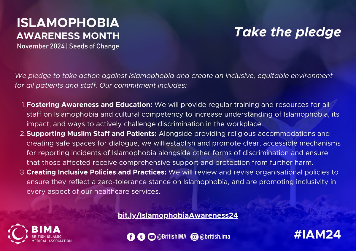 Healthcare organisations &amp; trusts play a vital role in creating an inclusive environment for patients &amp; staff. We urge health trusts to pledge their commitment to combating Islamophobia in care.

Take action today: eu1.hubs.ly/H0dXRmC0

#IAM24 #IslamophobiaAwarenessMonth