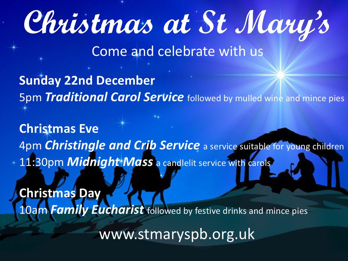 StMarysPB's tweet photo. Do join us over #Advent and #Christmas

Sunday 1st December 5pm - Advent Carol Service

Sunday 22nd December 5pm - Traditional Carol Service

Christmas Eve 4pm - Christingle and Crib service

Christmas Eve 11:30pm - Midnight Mass

Christmas Day 10am - Family Eucharist https://t.co/zOcmBz0SYG