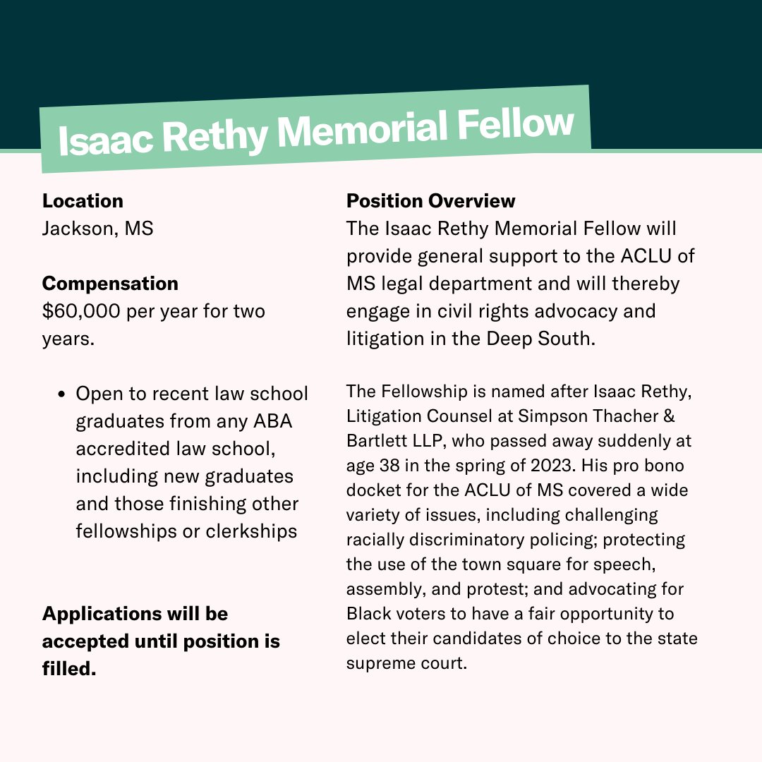 📢 Attention recent law school grads!  Do you have a passion for civil rights advocacy and litigation in the Deep South? This opportunity may be for you!

We are looking for our first Isaac Rethy Memorial Fellow.  Learn more by visiting the link below. aclu-ms.org/en/jobs/isaac-…