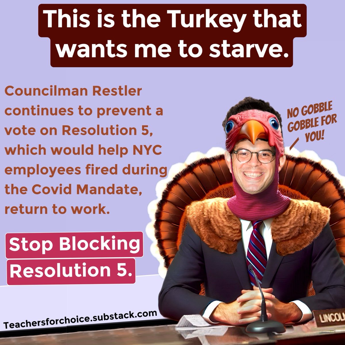 teacher_choice's tweet photo. LINCOLN RESTLER @CMRestler is the turkey that wants unvaccinated NYC Workers to STARVE!
Call Restler and tell him SUPPORT RESOLUTION 5 - which calls for unvaccinated workers to be brought back to their jobs
718-875-5200
@newsmax @nypost @fox5ny @FOXANDFRIENDS4 @viralnewsnyc @newsnation @wpix