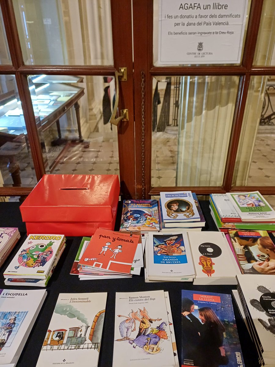 El <a href="/centredelectura/">Centre de Lectura</a> de #Reus ha posat a disposició dels seus socis llibres a canvi d'un donatiu pels afectats per la #Dana del Pais Valencià. La recaptació serà ingresssada a la Creu Roja. Moltes gràcies per aquesta iniciativa.