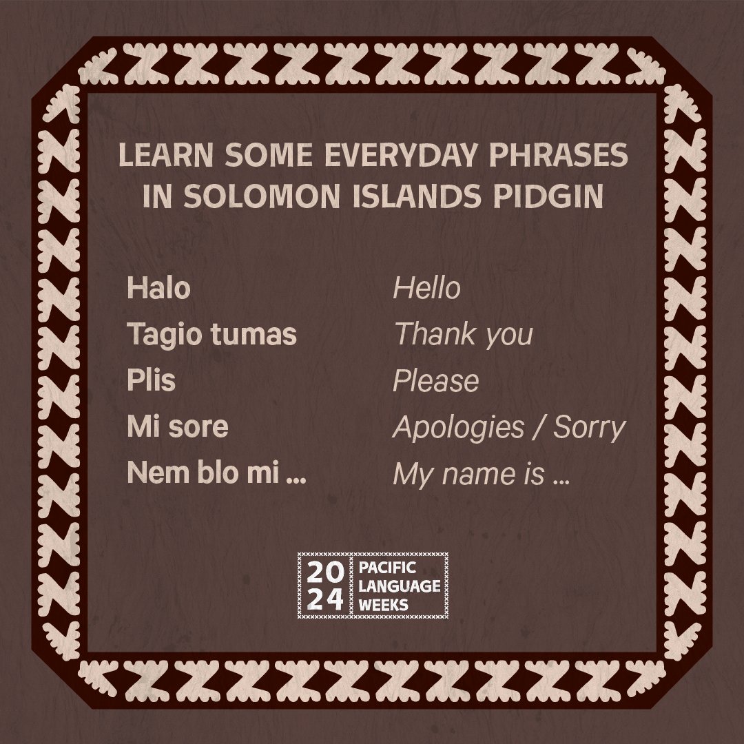 Here are some phrases to learn for Solomon Islands Pidgin language Week! 😍 

The 2024 theme for Solomon Islands Pidgin Language Week is 'Protektim langguis an kalsa blong yumi - Protect our language and culture' #HDLibraries #NZSolomonIslandsPidginLanguageWeek