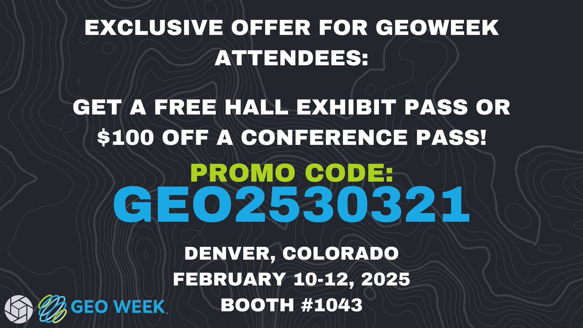 PixElementTech's tweet photo. Join us at #GeoWeek 2025 in Denver, Colorado! Explore #geospatial innovation, meet our team, and see the latest in geospatial technology!

🎟️ Use code GEO2530321 at https://t.co/v09EiAsGpl for a FREE expo pass or $100 off a conference pass!

📅 Feb 10-12, 2025 | 📍 Booth #1043 https://t.co/wsHX5gB3vN