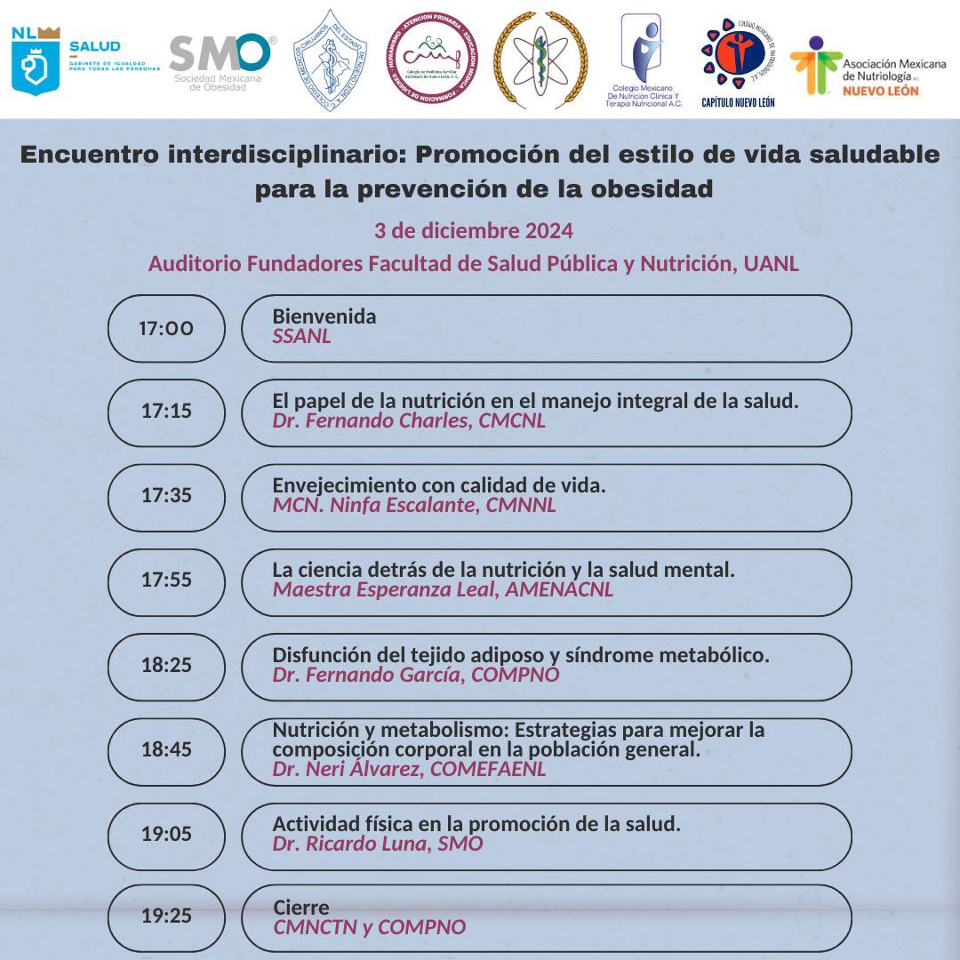 Los invitamos a nuestro Encuentro Multidisciplinario: Promoción del estilo saludable para la prevención de la obesidad. 3 de diciembre en el Auditorio Fundadores de la FaSPyN, UANL. Evento gratuito, cupo limitado. Se requiere registro previo. 
Registro: docs.google.com/forms/d/e/1FAI…