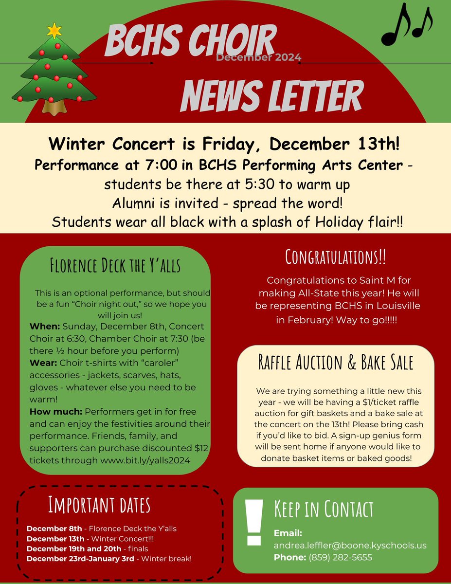 BCHS_Choirs's tweet image. December newsletter is early this week due to our short week! Hope to see lots of alumni at our Winter Concert on the 18th!