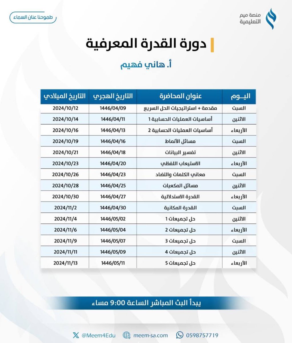 عندك اختبار بعد أسبوع وتحتاج مصدر غني بالمعلومات وسريع؟ متاحة دورتنا في #القدره_المعرفيه (مسجلة) وشاملة #لتجميعات_الاختبارات السابقة
للتسجيل: meem-sa.com
للانضمام للقروب: t.me/Cognitiveabili…