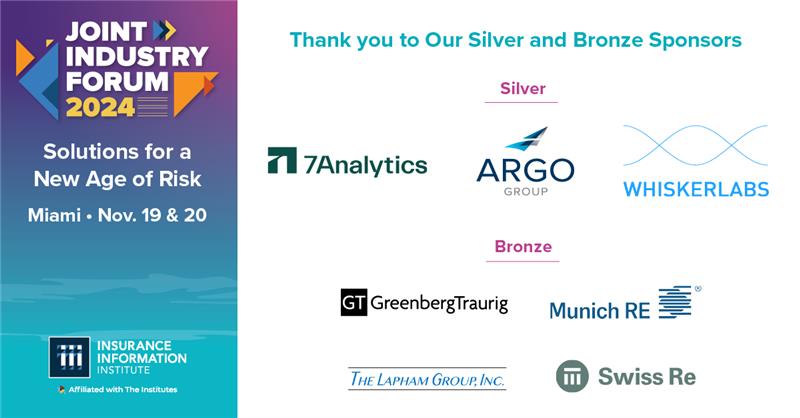 Insurance Information Institute (@iiiorg) on Twitter photo Thank you <a href="/7Analytics/">7Analytics</a>, Argo Group, and <a href="/whiskerlabs/">Ting by Whisker Labs</a> for being our silver sponsors and <a href="/GT_Law/">Greenberg Traurig LLP</a>, @MunichRe_US, Lapham Group, and <a href="/SwissRe/">Swiss Re</a> for being our bronze sponsors of the Joint Industry Forum! We appreciate your partnership.
#JIF2024 Thank you <a href="/7Analytics/">7Analytics</a>, Argo Group, and <a href="/whiskerlabs/">Ting by Whisker Labs</a> for being our silver sponsors and <a href="/GT_Law/">Greenberg Traurig LLP</a>, @MunichRe_US, Lapham Group, and <a href="/SwissRe/">Swiss Re</a> for being our bronze sponsors of the Joint Industry Forum! We appreciate your partnership.
#JIF2024