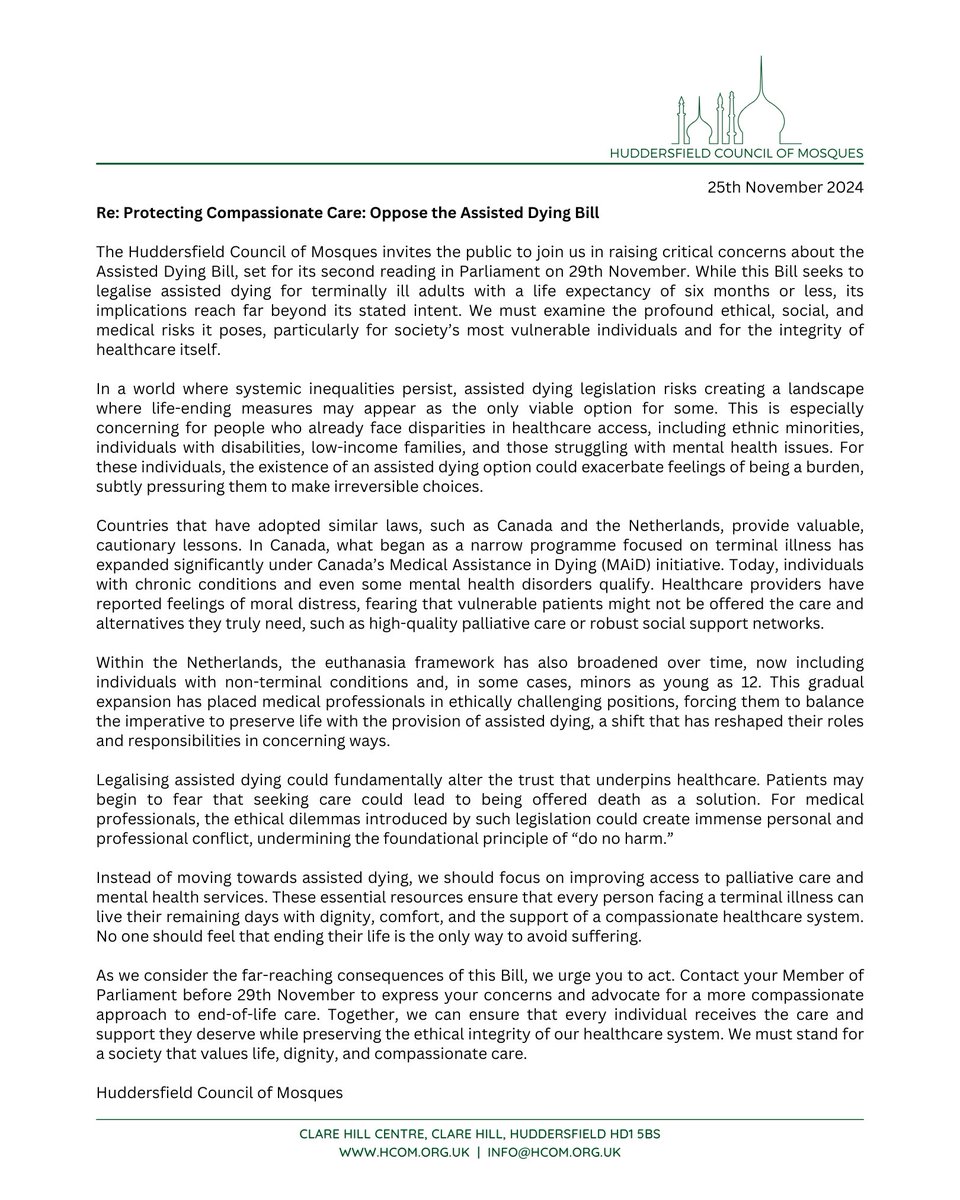 HCoM Statement on the Terminally Ill Adults (End of Life) Bill