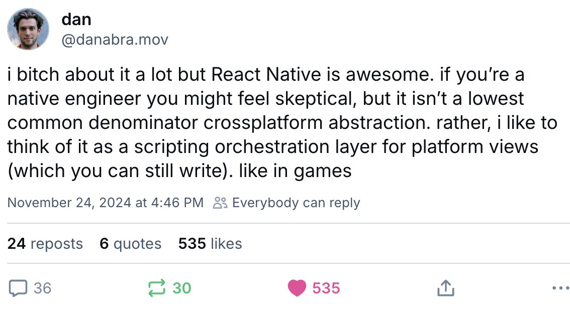 jamonholmgren's tweet image. React Native described as a "scripting orchestration layer for platform views" is excellent.
Within a single React Native app, you can deploy multiple renderers (subrenderers?) and coordinate them with React Native, which makes it incredibly powerful.  
React Native iOS:
   ->…