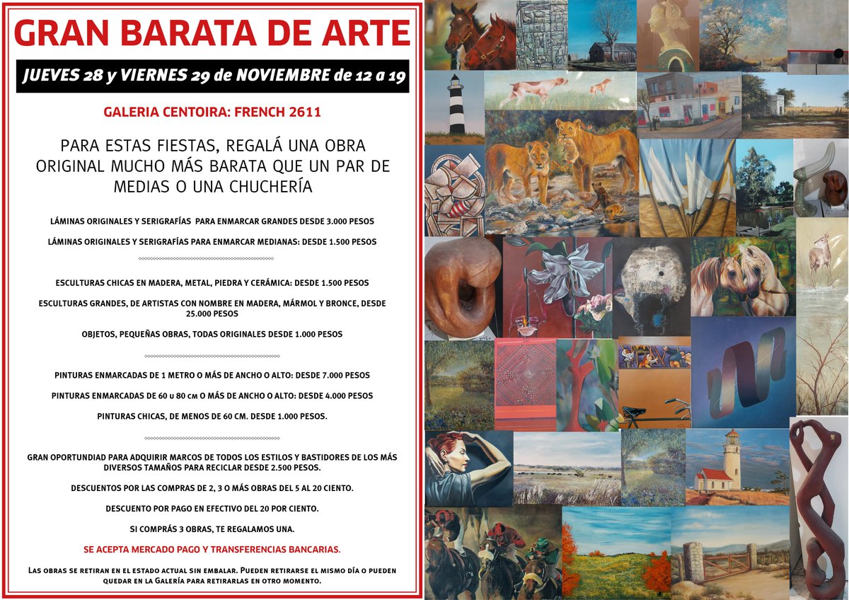soytutti's tweet photo. No te pierdas esta barata de pinturas, esculturas, serifrafías, objetos, marcos, bastidores para re utilizar y todo lo que veas y te guste. GALERÍA CENTOIRA – FRENCH 2611 – JUEVES 28 Y VIERNES 29 DE 12 A 19 –
NO TE PIERDAS ESTA GRAN OPORTUNIDAD!!!!!!!! https://t.co/fct7n1XuLE