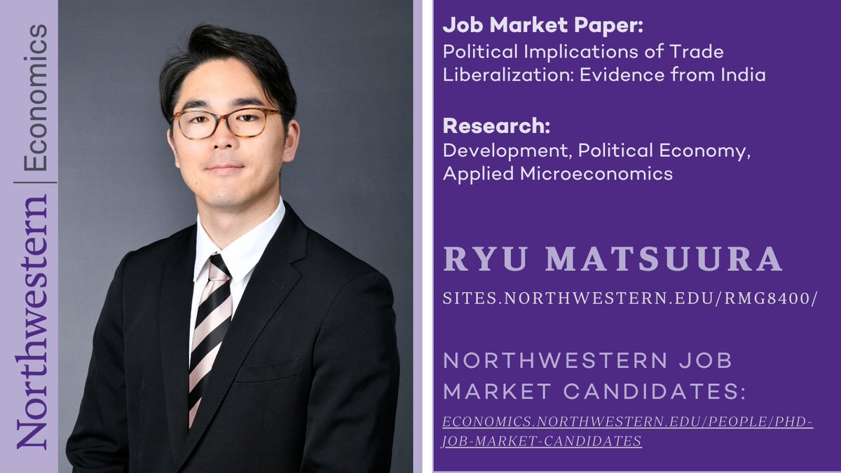 NUEconomics's tweet photo. Department of Economics PhD Candidate Ryu Matsuura’s research interests are Development, Political Economy, Applied Microeconomics. Learn more about Ryu &amp; other Northwestern Economics Job Market Candidates at https://t.co/ZCkpPN8e8z https://t.co/DokGQGSYB9