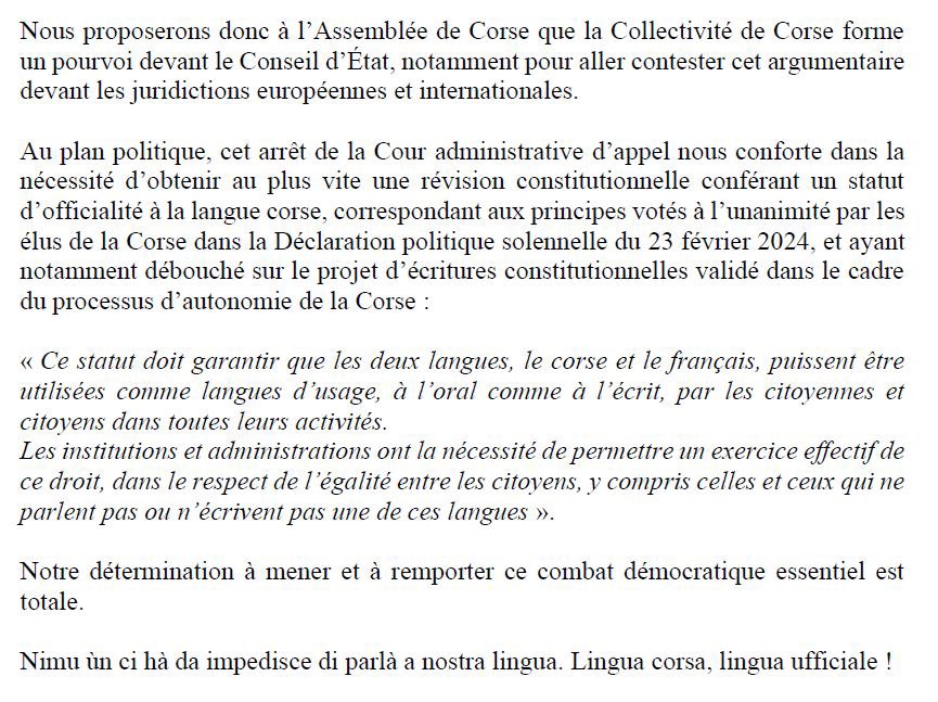 Pour la Cour administrative d’appel de Marseille, le droit de s’exprimer en langue corse au sein de l’Assemblée de Corse est contraire à la Constitution. Notre réponse : il faut changer la Constitution !
Lingua corsa, Lingua ufficiale !
