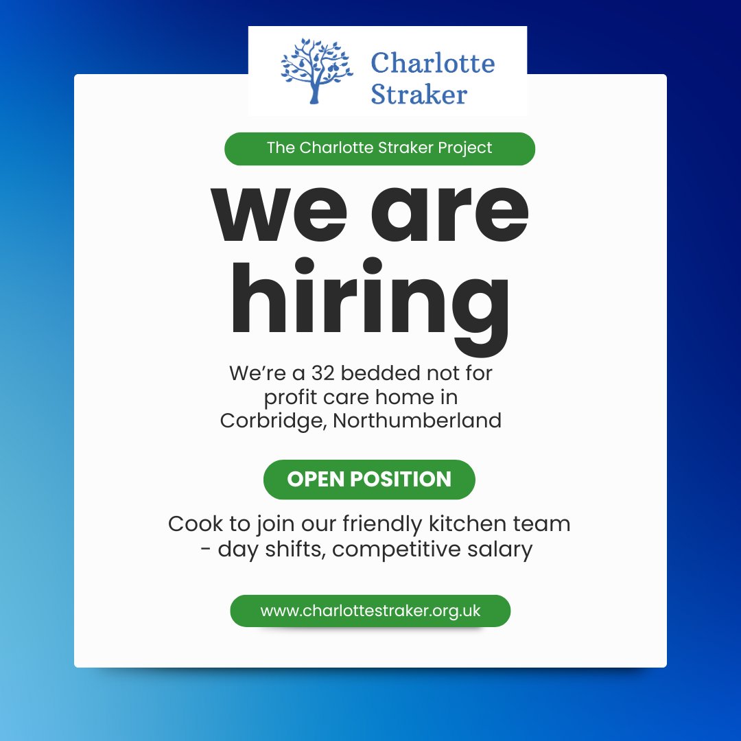 COOK VACANCY - Join our team at The Charlotte Straker Project and make a difference in the lives of our residents. What We Offer: Day shifts only, 
Competitive salary. If you want to join our team, please email office@charlottestraker.orguk or call 01434 633 999 #chefjob #cook