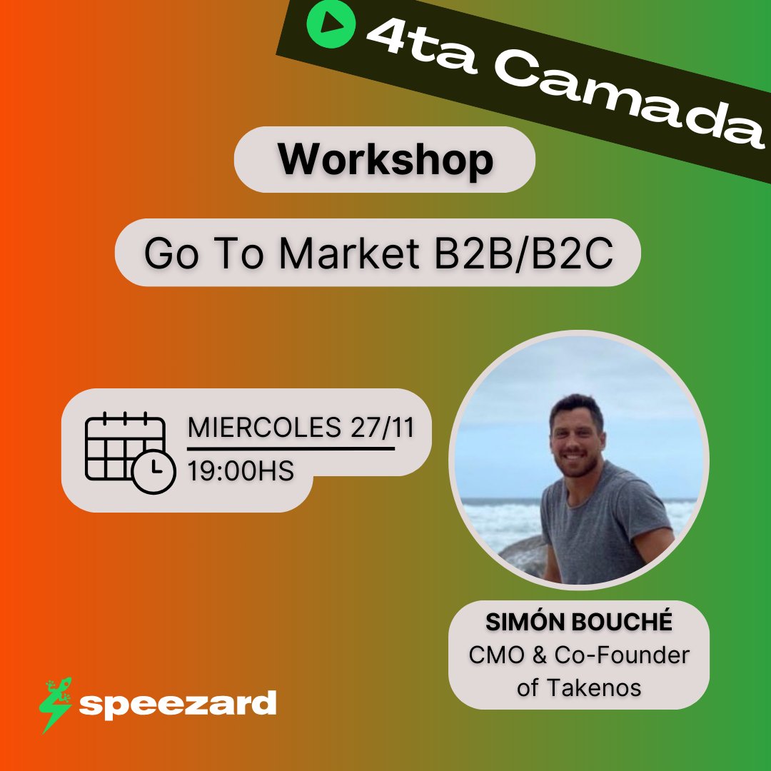 🎯 ¡Evento abierto a toda la comunidad!

No te pierdas el Workshop: "Go To Market B2B/B2C" con <a href="/simonbouche/">Simon Bouche 🌮</a>, CMO &amp; Co-Founder de <a href="/TakenosApp/">Takenos 🌮</a> .
Prepárate para llevar tu estrategia al próximo nivel.

🗓️ Miércoles 27/11
⏰ 19:00 hs
📍 Por Discord, comunidad Resiliente
🔗