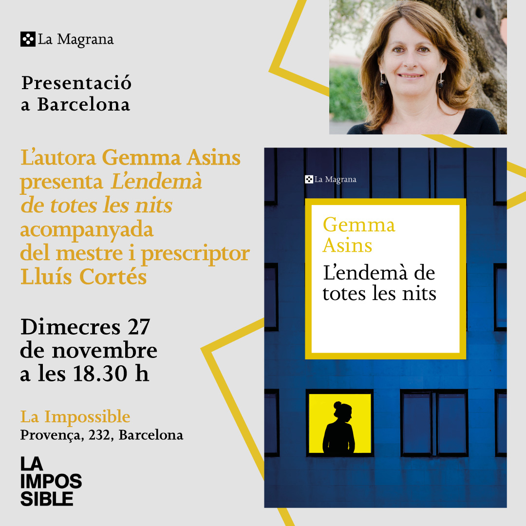 Penguin Llibres (@penguinllibres) on Twitter photo DIMECRES 27
📖 L'ENDEMÀ DE TOTES LES NITS
👤 Gemma Asins <a href="/gemmasins/">Gemma Asins</a> amb Lluís Cortés
🧭 Llibreria La Impossible
🕖 18.30 h DIMECRES 27
📖 L'ENDEMÀ DE TOTES LES NITS
👤 Gemma Asins <a href="/gemmasins/">Gemma Asins</a> amb Lluís Cortés
🧭 Llibreria La Impossible
🕖 18.30 h