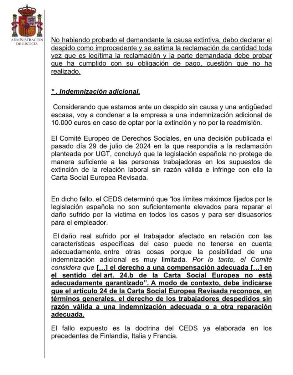 Se empieza a aplicar la demanda que ganó #UGT en Europa para que la indemnización por despido improcedente sea disuasoria y restaurativa.

🔴Un juez de Guadalajara añade 10.000€ adicionales a una indemnización por despido de 1.050€

✊Avanzamos en derechos para l@s trabajadores