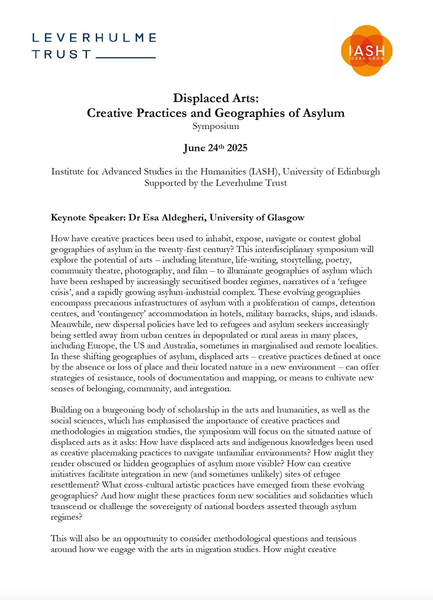 annie_webster13's tweet image. 📢 Call for papers!

I'm organising the symposium 'Displaced Arts: Creative Practices and Geographies of Asylum' at  @IASH_Edinburgh 24th June 2025

CFP below and more details here: 
iash.ed.ac.uk/news/call-pape…

Please retweet!