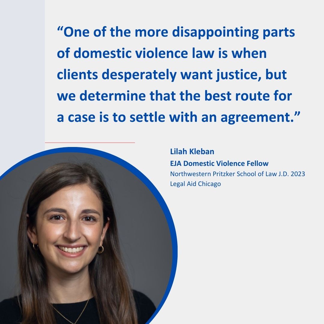 #EJAFellow Lilah is gaining invaluable experience navigating the complexities of domestic violence law. From assessing which cases go to trial to negotiating settlements, she’s learning how to best advocate for her clients while ensuring their safety.