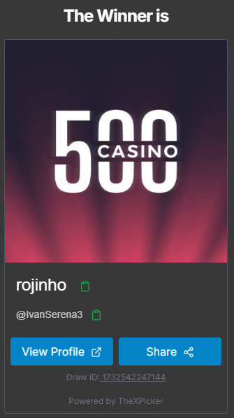 500Casino's tweet photo. Congrats @IvanSerena3 you won! Draw ID: 1732542247144

Check your DM's! 🔥 https://t.co/MyXSuLHhhh