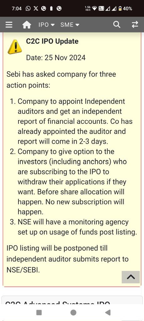 I'm shocked that an auditor to file a report on C2C within 2-3 days.
Given the complexity and rigor required in auditing, I believe that such a timeline undermines the integrity of the audit process. I urge regulatory bodies to scrutinize this matter closely
<a href="/SEBI_India/">SEBI_Awareness</a> <a href="/NSEIndia/">NSE India</a>