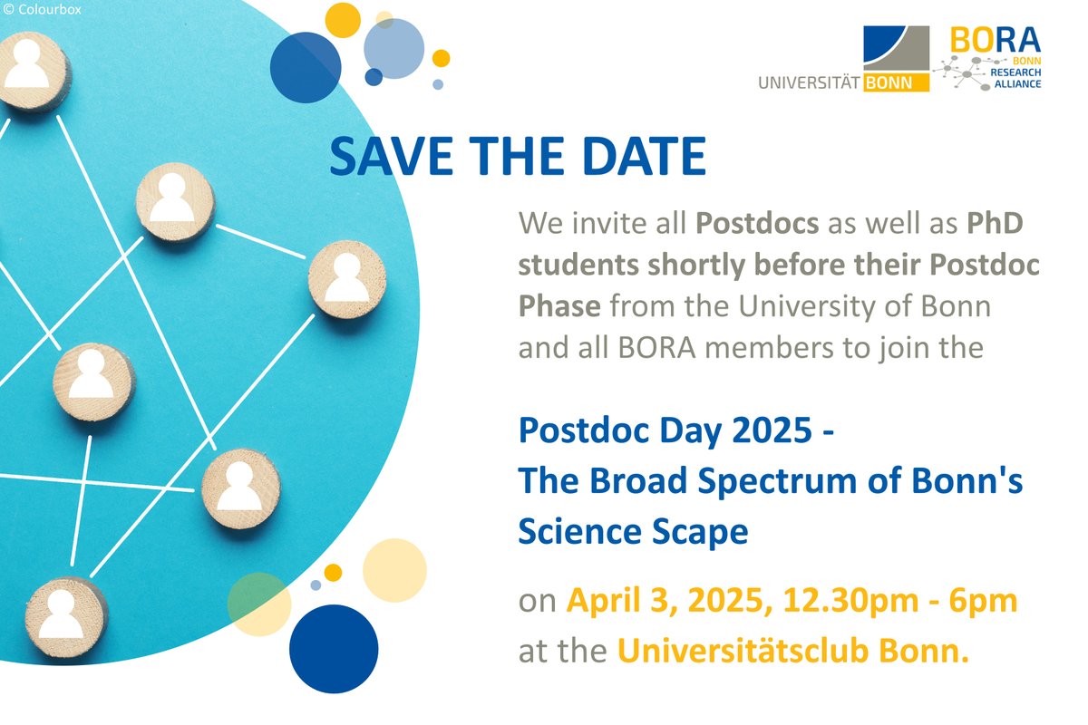 BORA (@bora_network) on Twitter photo ‼️ Save the date and mark your calender ‼️
What? Postdoc Day 2025 🙆♀️🙋💁♂️
When? April 3, 2025
Where? Universitätsclub Bonn
Who? Postdocs and Early Career Researchers <a href="/UniBonn/">Rheinische Friedrich-Wilhelms-Universität Bonn</a> <a href="/BORA_network/">BORA</a>
Explore what the international science hub Bonn has to offer!
ℹ️ uni-bonn.de/de/forschung-l… ‼️ Save the date and mark your calender ‼️
What? Postdoc Day 2025 🙆♀️🙋💁♂️
When? April 3, 2025
Where? Universitätsclub Bonn
Who? Postdocs and Early Career Researchers <a href="/UniBonn/">Rheinische Friedrich-Wilhelms-Universität Bonn</a> <a href="/BORA_network/">BORA</a>
Explore what the international science hub Bonn has to offer!
ℹ️ uni-bonn.de/de/forschung-l…