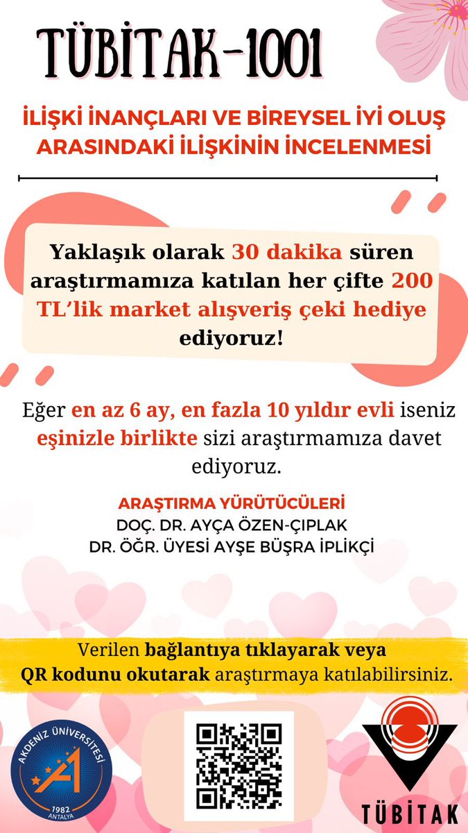 Merhaba, 

Araştırmamıza en az 6 ay, en fazla 10 yıldır evli olan çiftler arıyoruz. 

Katılan her çifte 200 TL’lik Migros market alışveriş çeki hediye ediyoruz. 

Daha fazla kişiye ulaşması için beğenip retweet atabilir misiniz ? 🙏🏻

Katılım linki: forms.gle/e2zcP22pUmfedp…