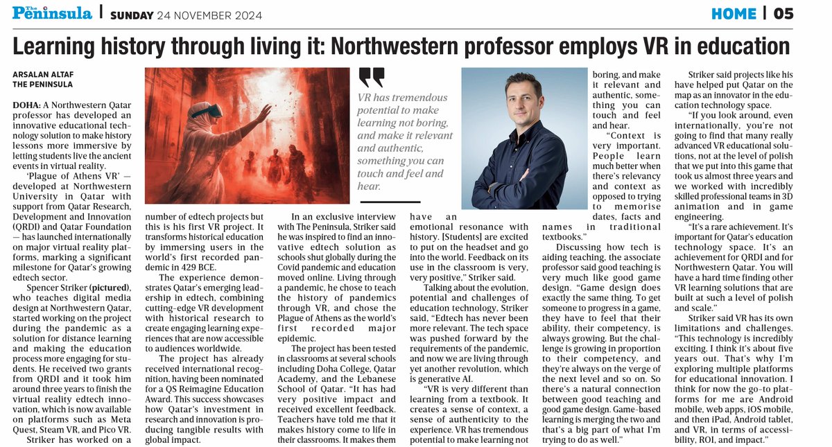 Spencer Striker (@spencerstriker) on Twitter photo 🏛️🎮 Exclusive <a href="/PeninsulaQatar/">The Peninsula Qatar</a> coverage showcases how Plague of Athens VR is transforming #education. Major milestone for #Qatar's growing #edtech sector, developed <a href="/NUQatar/">Northwestern Qatar</a>. Thank you <a href="/Arsalanet/">Arsalan Altaf</a> for the excellent in-depth story! <a href="/MKraidy/">Marwan M. Kraidy @mkraidy.bsky.social</a> <a href="/QF/">Qatar Foundation</a> <a href="/qrdicouncil/">QRDI Council</a> thepeninsulaqatar.com/article/24/11/… 🏛️🎮 Exclusive <a href="/PeninsulaQatar/">The Peninsula Qatar</a> coverage showcases how Plague of Athens VR is transforming #education. Major milestone for #Qatar's growing #edtech sector, developed <a href="/NUQatar/">Northwestern Qatar</a>. Thank you <a href="/Arsalanet/">Arsalan Altaf</a> for the excellent in-depth story! <a href="/MKraidy/">Marwan M. Kraidy @mkraidy.bsky.social</a> <a href="/QF/">Qatar Foundation</a> <a href="/qrdicouncil/">QRDI Council</a> thepeninsulaqatar.com/article/24/11/…