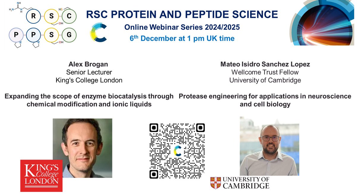 Join us for 6th Dec PPSG online seminars at 1 pm (UK time).

Dr Alex Brogan (King's College London) and Dr Mateo Isidro Sanchez Lopez (Cambridge University) present their research on ionic liquid biocatalysis and protease engineering.

Registration here: rsc.org/events/detail/…