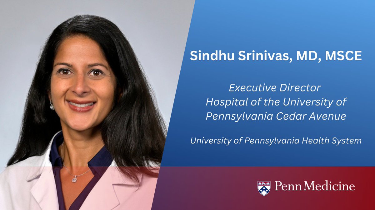 Kevin B. Mahoney (@kevinbmahoney) on Twitter photo A thoughtful and influential voice in the field, <a href="/SindhuS01/">DrSindhuSrinivas</a> has been named executive director of the Hospital of the University of Pennsylvania Cedar Avenue. Her leadership will help <a href="/PennMedicine/">Penn Medicine</a> strengthen care delivery, advance health equity, and improve health outcomes. A thoughtful and influential voice in the field, <a href="/SindhuS01/">DrSindhuSrinivas</a> has been named executive director of the Hospital of the University of Pennsylvania Cedar Avenue. Her leadership will help <a href="/PennMedicine/">Penn Medicine</a> strengthen care delivery, advance health equity, and improve health outcomes.