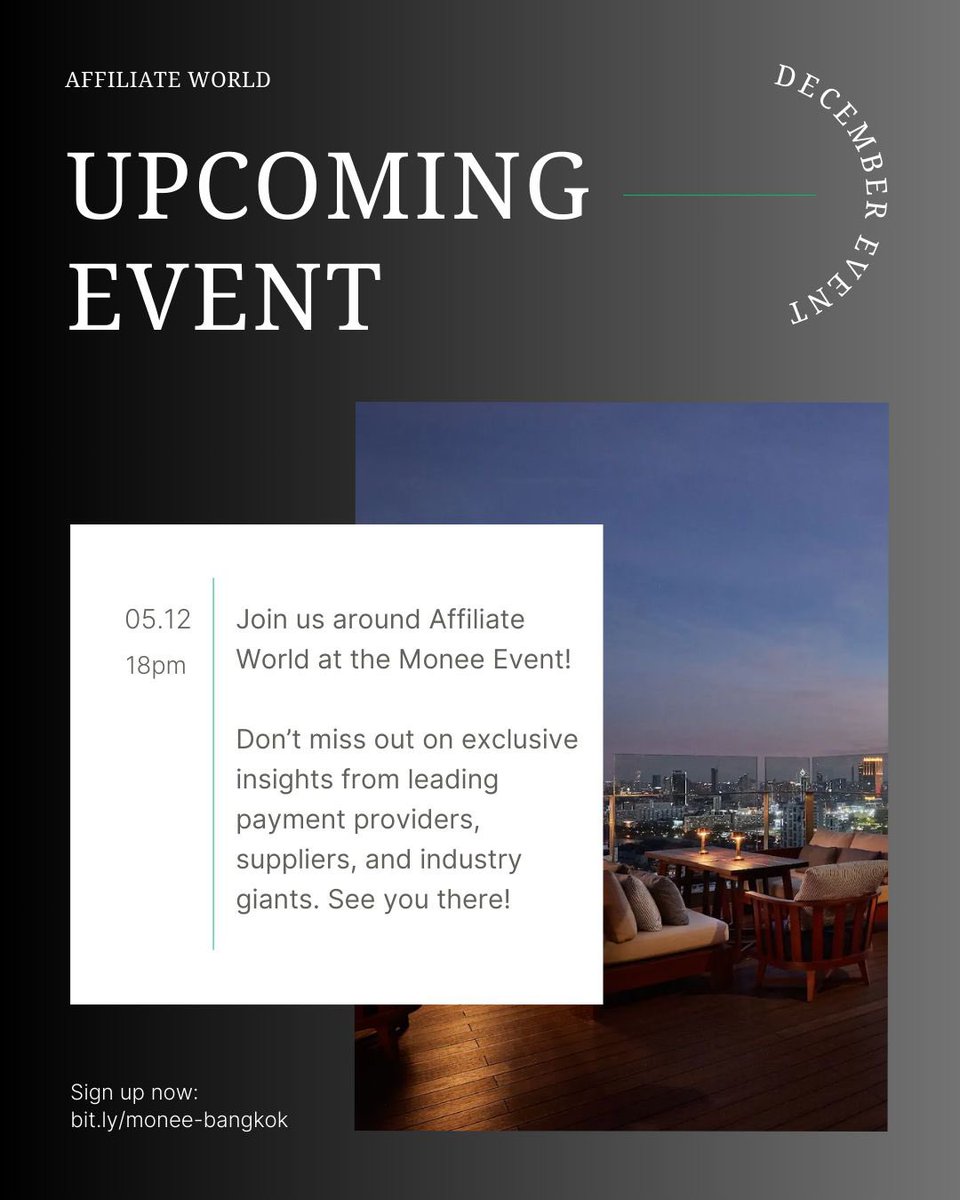 Monee_ai's tweet photo. Reminder!

We’re just 10 days away from the Monee Event at Affiliate World! 🌍✨

📅 December 5th, 6 PM

Don’t miss your chance to hear from top payment providers, suppliers, and industry leaders while enjoying an incredible atmosphere. This is your moment to connect, learn, and grow!

🖋 Haven’t signed up yet? There’s still time! 👉 https://t.co/60bBNP9xK0

We can’t wait to see you there! Let’s make it unforgettable. 🙌 

#AffiliateMarketing #affiliateworld #networking #ecommerce #payments #paymentprovider #awasia