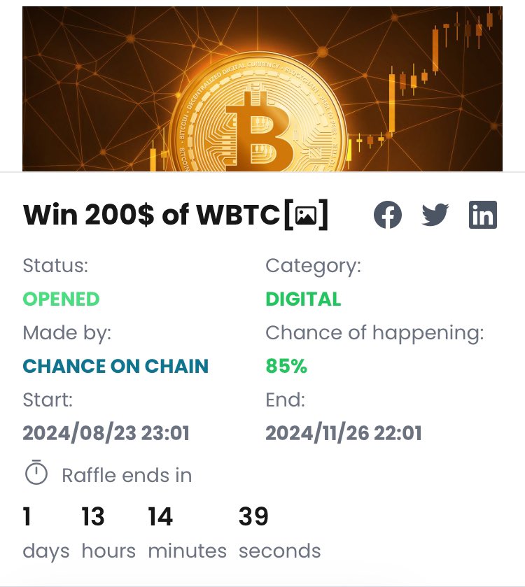 ChanceOnChain's tweet photo. #chanceOfHappening just went UP to 82% ! Amazing 🤩 Thanks for joining that #raffle
Only 74 tickets 🎟️ left and we will have a winner 🏆
Just $1 to #win $200+ of #wrappedBTC
https://t.co/dVG4xw7d7a
#crypto #game #bitcoin100k https://t.co/SuDaqiCq1k