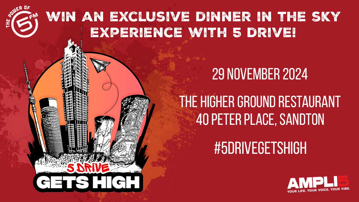 5FM's tweet photo. Have you had a 2024 filled with highs? Maybe you nailed that dream job, took the trip of a lifetime, or just made memories that you’ll treasure forever.
Post a video sharing your story, tag 5FM & #5DriveGetsHigh, and you could score an exclusive spot at #5Drive’s live broadcast and Dinner in the Sky at the Higher Ground Restaurant!
Hurry & enter before 26 November 2024!
More info here: https://t.co/ErJwlQa456