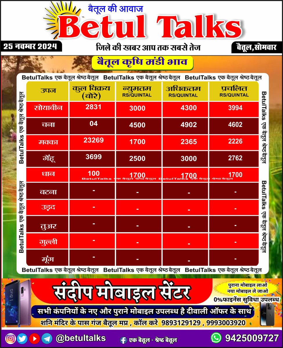 betul_talks's tweet photo. कृषि उपज मंडी बैतूल में आज का भाव
25 नवंबर 2024
#कृषि #कृषि_उपज #एक_बैतूल_श्रेष्ठ_बैतूल
#betul #betultalks #MP48 #किसान #मक्का #गेहूँ #सोयाबीन #तुअरदाल
#betultalks #mptalks #एक_बैतूल_श्रेष्ठ_बैतूल #betul #indore #bhopal #mp #mandibhav #mandi #bhav https://t.co/ezIMDlVYN7