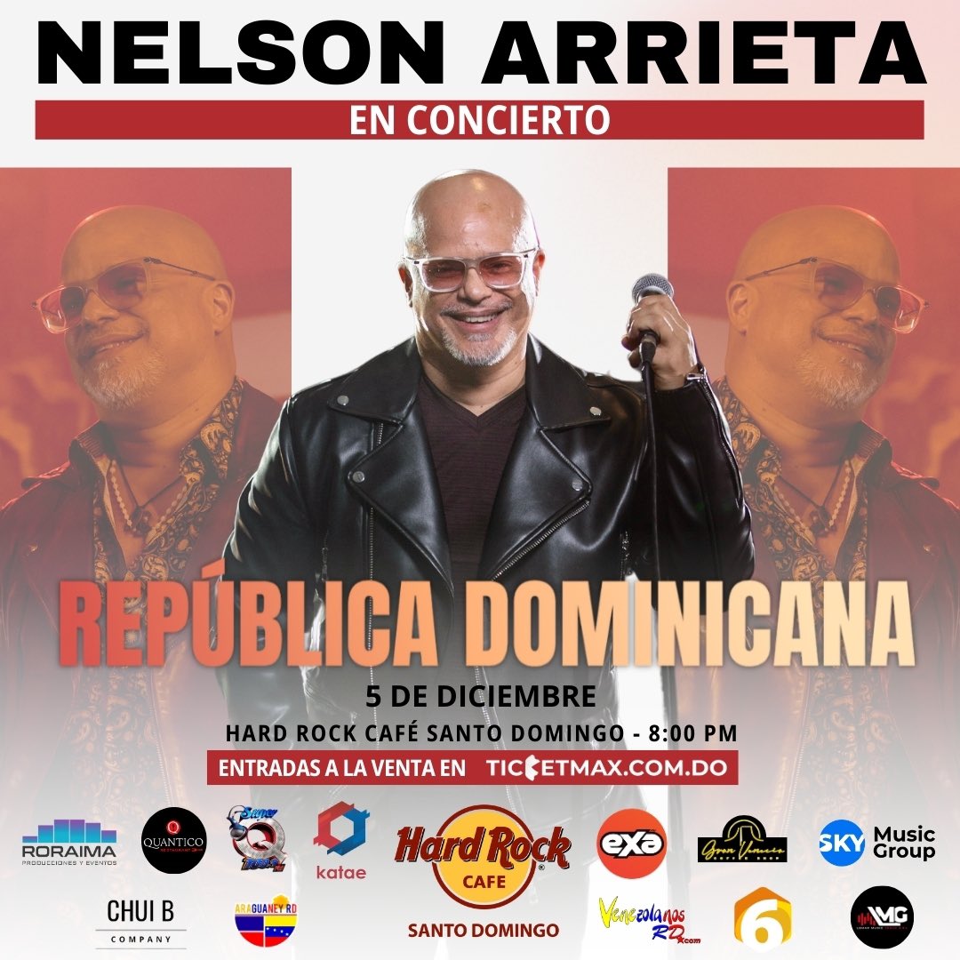 🎄<a href="/nelsonarrieta7/">Nelson Arrieta</a> en Concierto 🎄
Ven, baila y canta todos sus éxitos. 

🗓️ 5 de Diciembre 2024
📍 Hard Rock Café | Santo Domingo
🕗 8:00 pm

🎟️ Adquiere tus boletas aquí 🎫
ticketmax.com.do/evento/98066/

¡Te esperamos!
#LaRumbaDeNavidad #NelsonArrieta 🇻🇪💃🕺🇩🇴