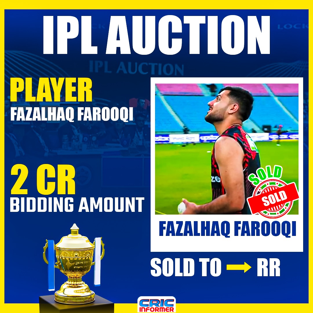 CricInformer's tweet photo. F Farooqi Sold To RR: 2.0 CR

#pbks #punjabkings #PrabhsimranSingh #ShashankSingh #JosButtler #ShreyasIyer #RishabhPant #MitchellStarc #DavidMiller #KLRahul #MohammedShami
#cricinformer #RTM #IPLAuction #megaoction #iplnews #IPLRetentions #chennaisuperkings #cricketnews #cricket #ipl #ipl2025 #iplpremierleague #indianpremierleague2022 #csk #rcb #mi #dc #kkr #srh
