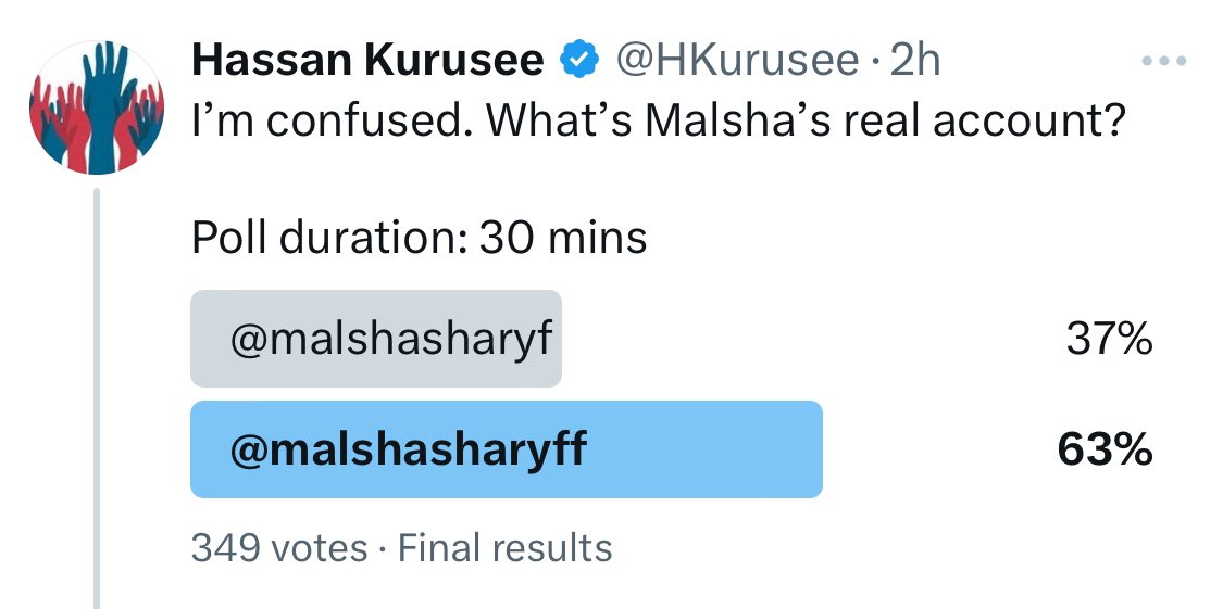 HKurusee's tweet photo. 37% believe @malshasharyf is a parody and 63% believe @Malshasharyff is the real account.

Opinion matters. Perception matters.

These things are defined by one’s own actions.

Malsha has been acting like a brainless chicken.

This is the people’s verdict, deal with it. https://t.co/iJnmlX7wrQ