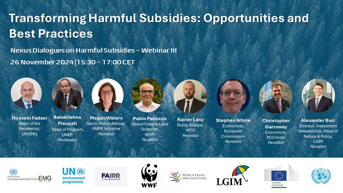 United Nations Environment Management Group (@un_emg) on Twitter photo Don’t miss the concluding webinar of our series: Transforming #HarmfulSubsidies: Opportunities and Best Practices.
Be part of the movement toward #sustainablePolicies and economic resilience!
🗓 November 26, 2024, 3:30 PM - 4:45 PM CET
To know more: unemg.org/nexus-dialogue… Don’t miss the concluding webinar of our series: Transforming #HarmfulSubsidies: Opportunities and Best Practices.
Be part of the movement toward #sustainablePolicies and economic resilience!
🗓 November 26, 2024, 3:30 PM - 4:45 PM CET
To know more: unemg.org/nexus-dialogue…
